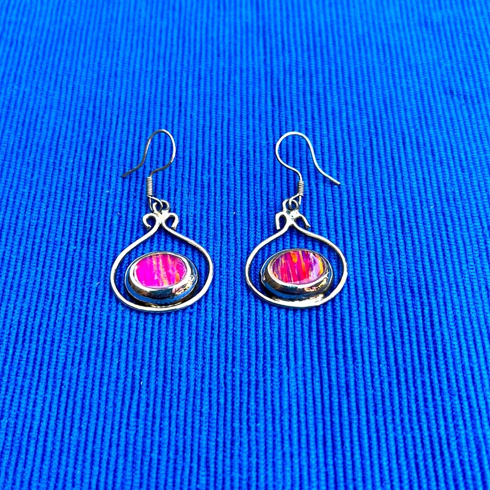 Silver and pink dangle earrings